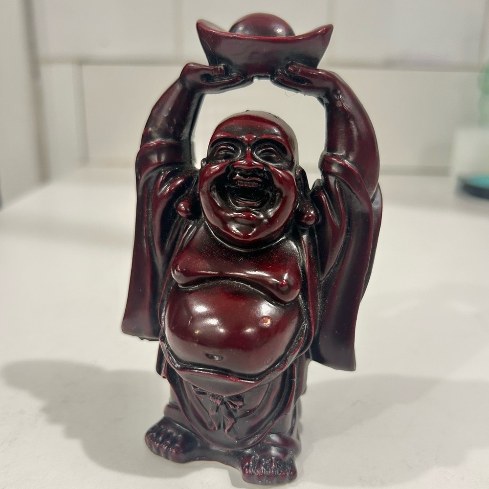 Laughing Buddha statue red resin, vintage 4.5” tall Chinese good luck symbol